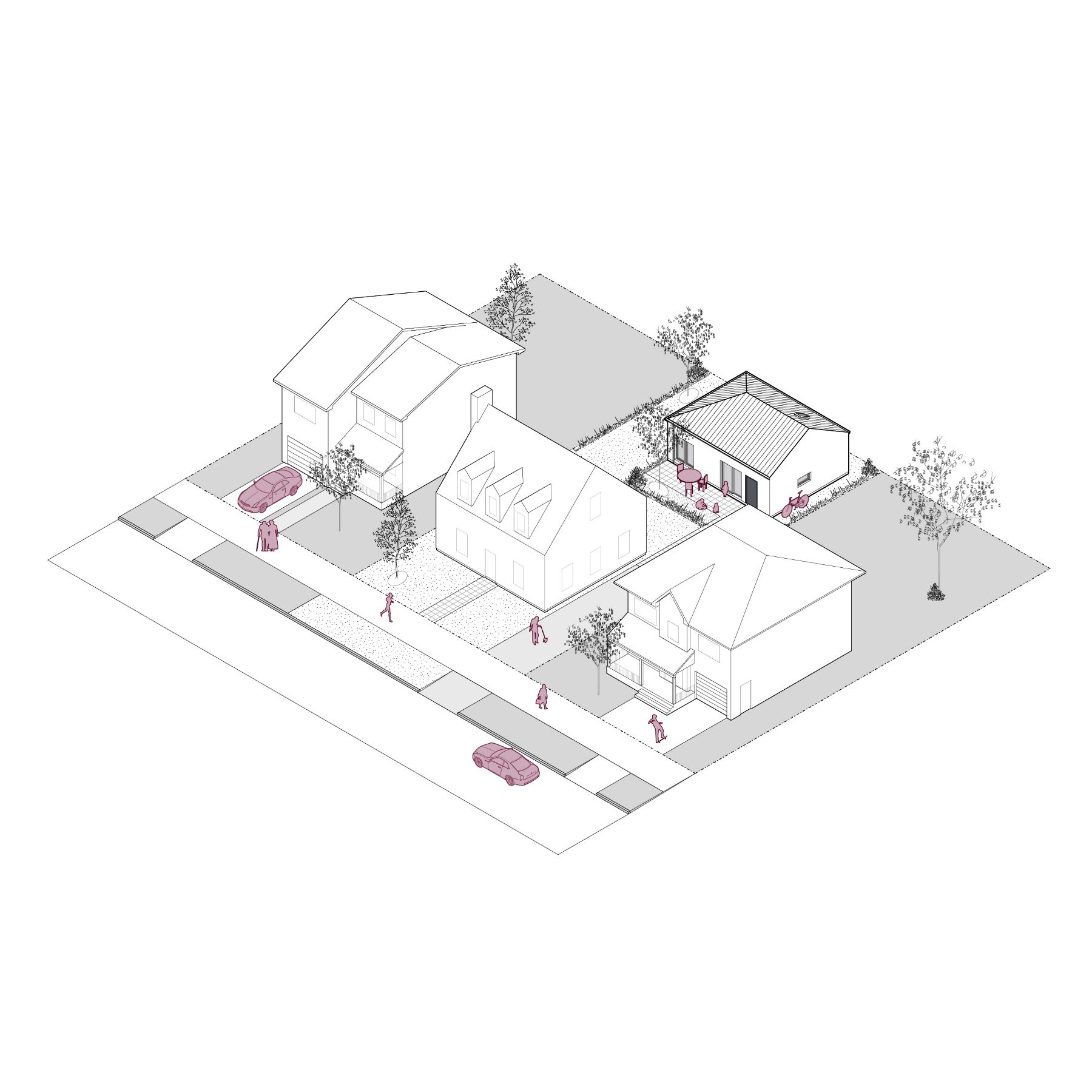 A 3D line rendering of the unit ADU 01, which is approximately 635 square feet. It shows the unit’s integration into a  neighbourhood, emphasizing its efficient use of space and single-storey layout. The unit is surrounded by neighboring homes.